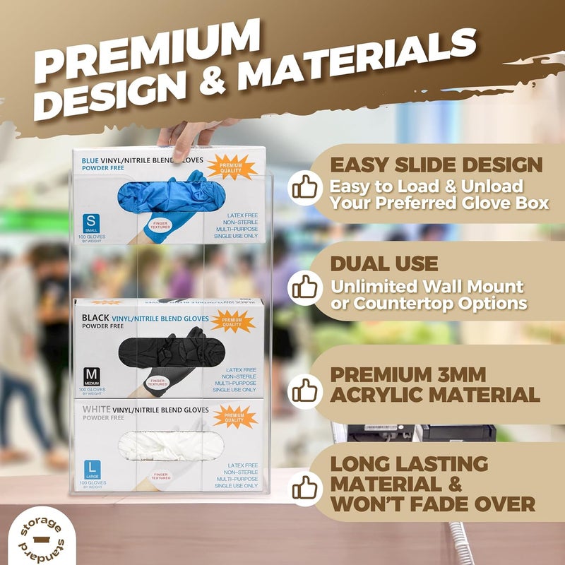 Storage Standard Triple Glove Box Holder Dispenser - Kitchen, Medical, & Latex Glove Holder Wall Mount or Countertop, Universal Fit - Thick Acrylic, Easy to Use, Slide, & Load Open Top Design - Clear - Image 5